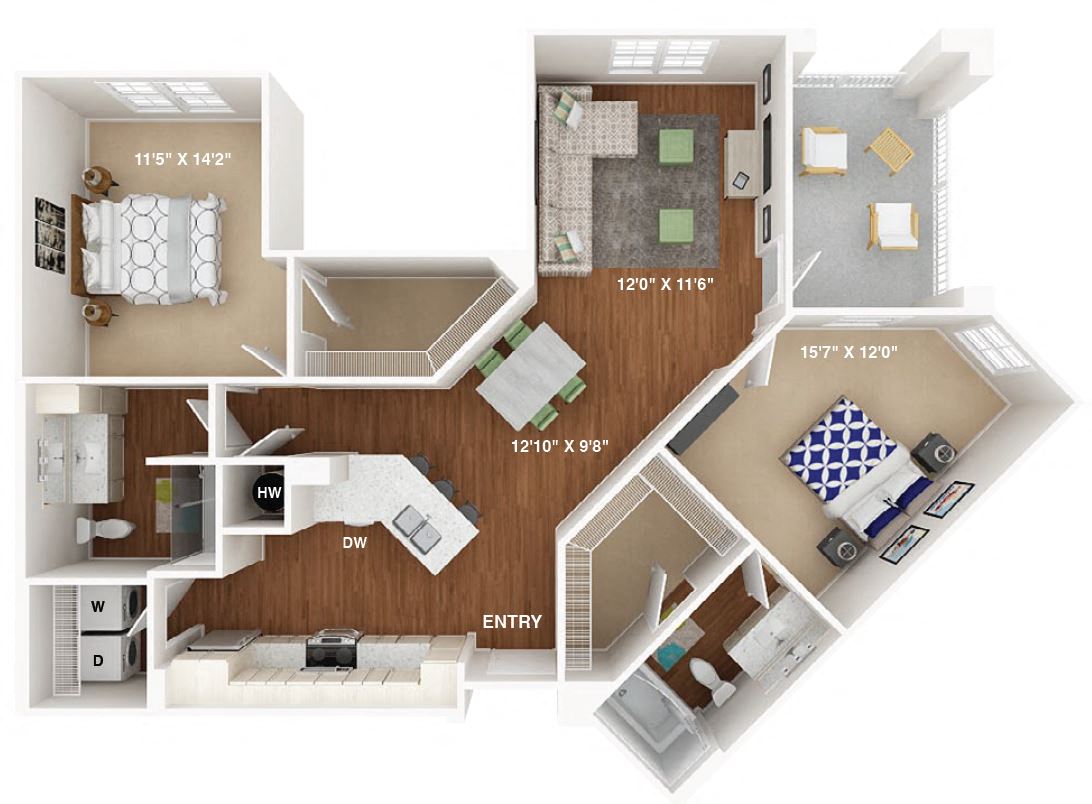 Floor plan for 2 beds, 2 baths, 1251 sqft